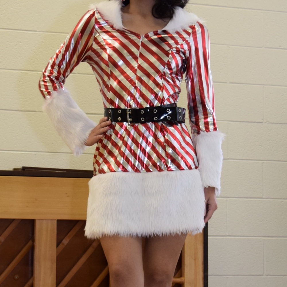 Red and White Striped Holiday Dress with Faux Fur Trim